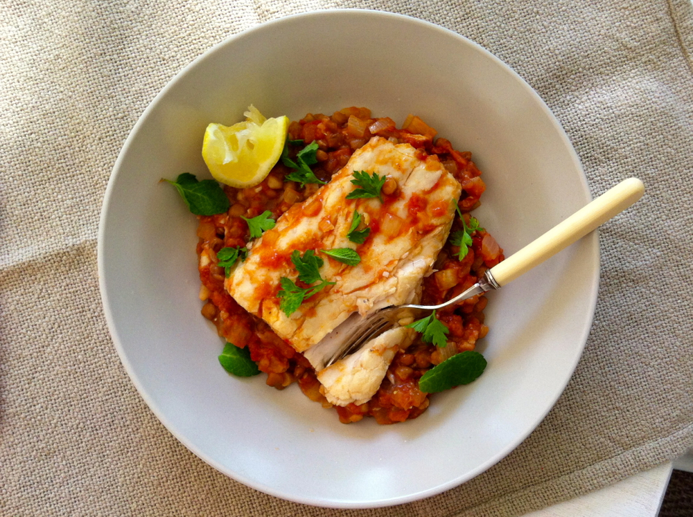 Spicy Harissa Fish with Lentils