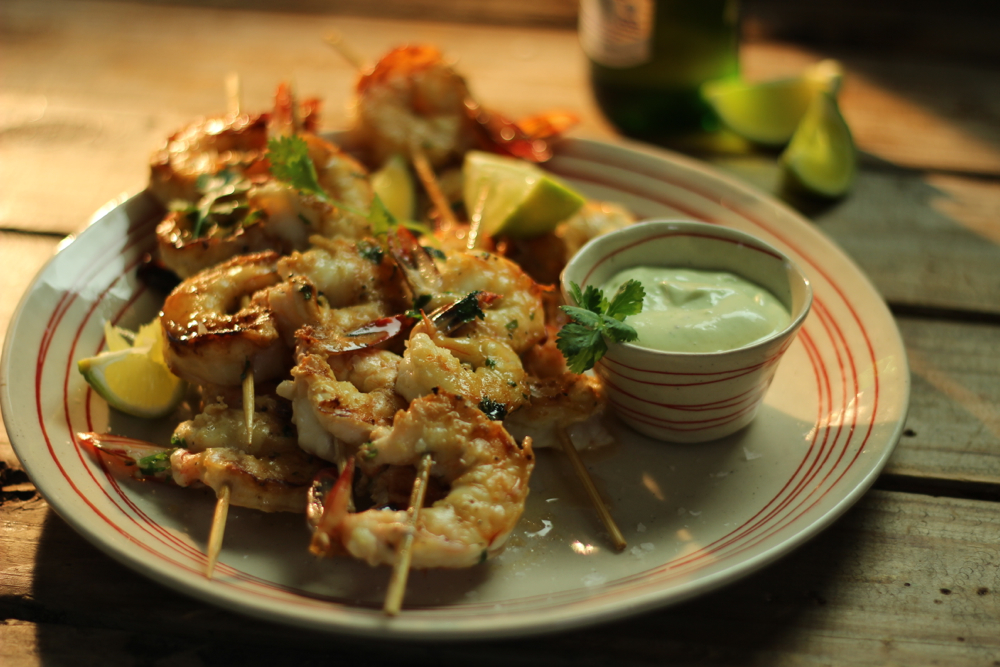 Beer-Basted Prawns with Basil-Lime Mayonnaise