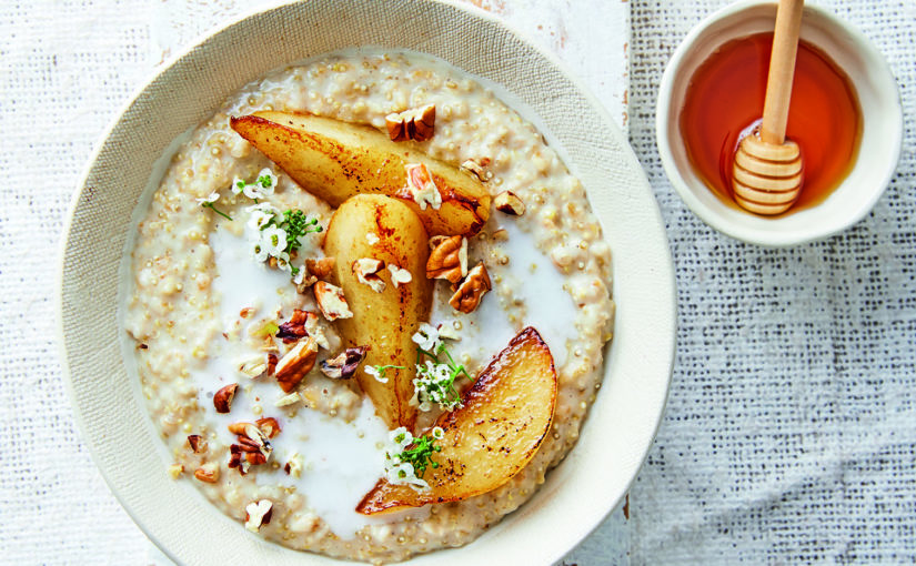 All-Grain Coconut and Cardamom Porridge with Maple Butter Pears