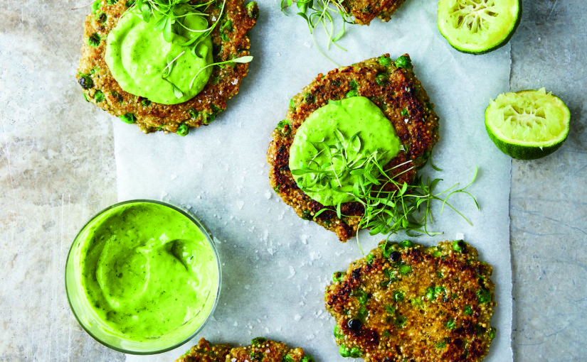 Pea and Basil Quinoa Fritters with Lemony Yoghurt Dressing