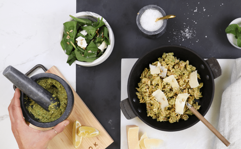 Chickpea Pasta with Fresh Green Pea Pesto for UCOOK