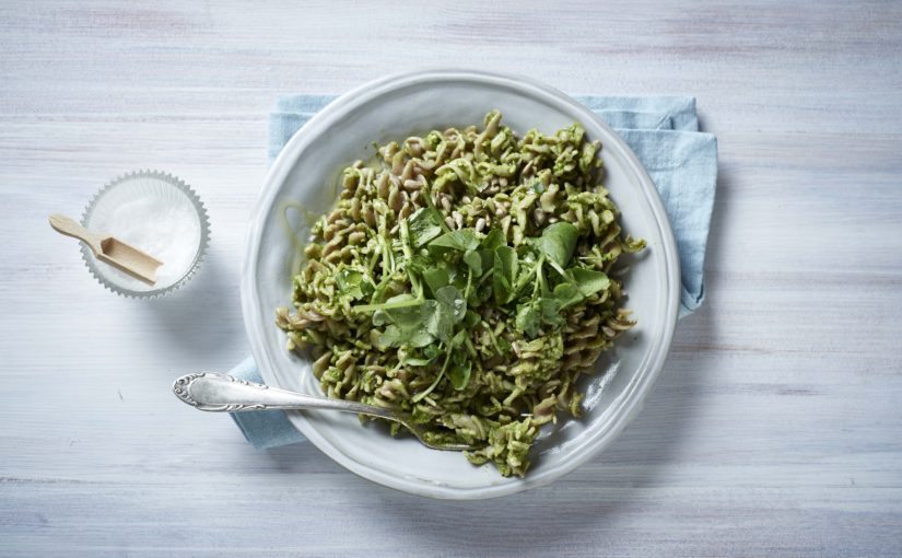 Chickpea Fusilli with Basil and Sunflower Seed Pesto