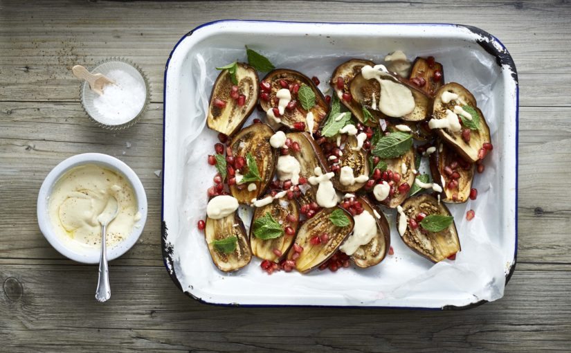 Roasted Aubergines with Creamy Hummus Dressing