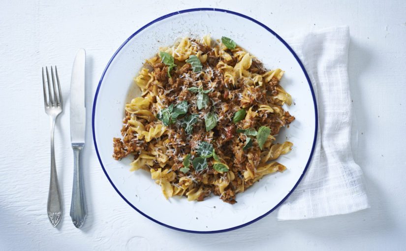 Beef and Barley Bolognaise with Chickpea Fusilli Noodles