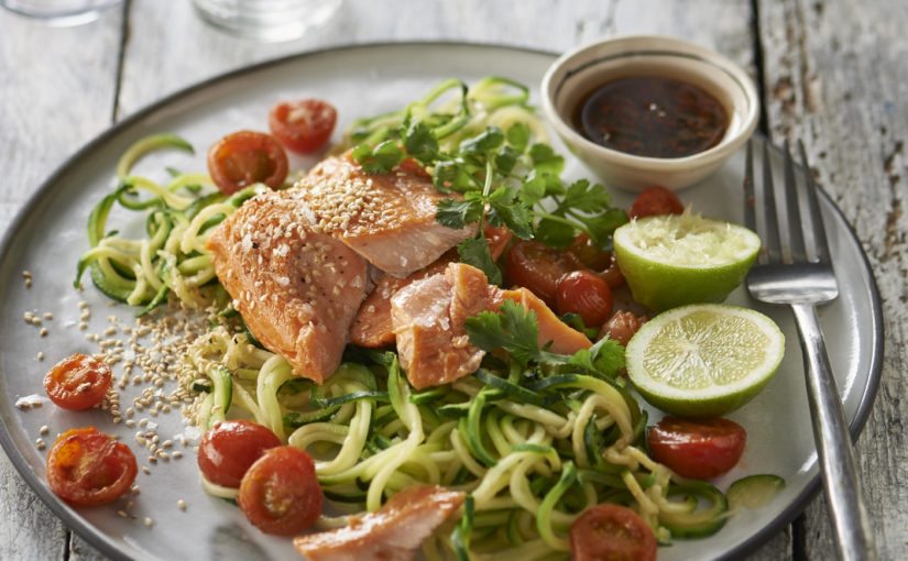 Courgetti with Grilled Trout and Sesame Dressing