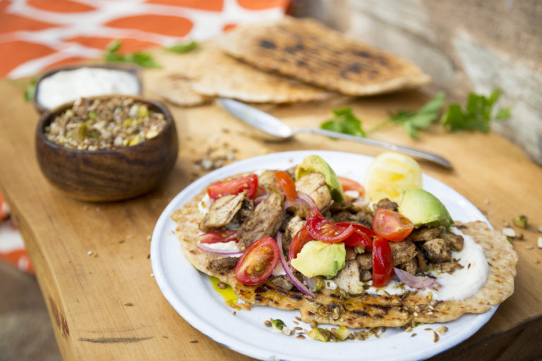 Spicy Chicken Flatbreads with Dukkah and Lemony Yoghurt Sarah Graham Food