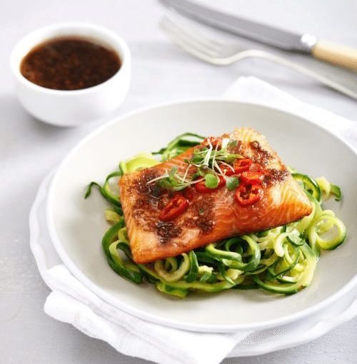 Courgetti with Grilled Trout and Sesame And Lime Dressing