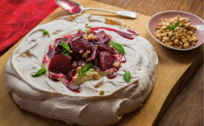 Espresso Pavlova with Poached Plums