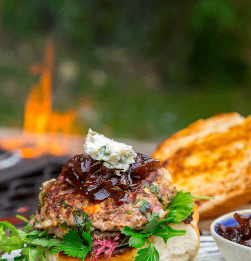 Ostrich Burgers with Gorgonzola and Sticky Red Onions