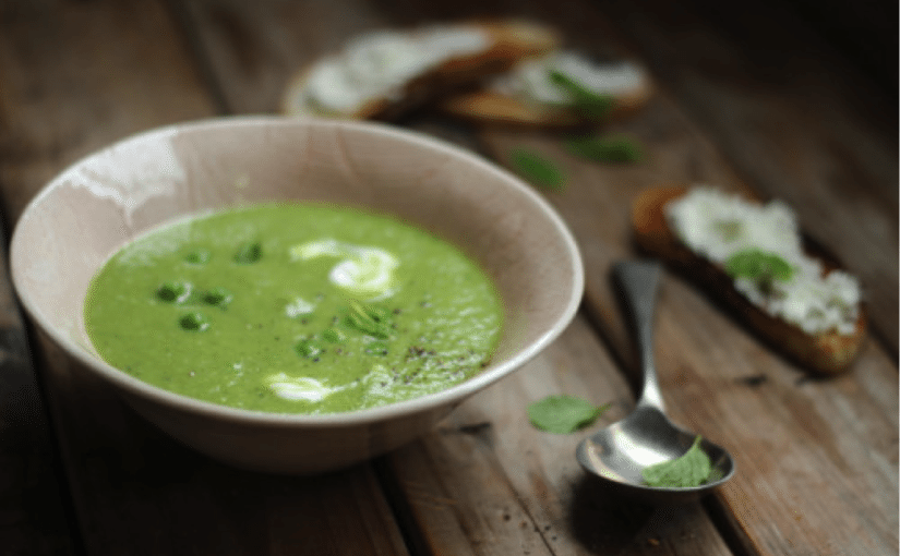 Pea, Courgette and Mint Soup with Goats Cheese Toasts