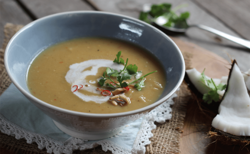 Roasted Sweet Potato and Coconut Soup with Harissa