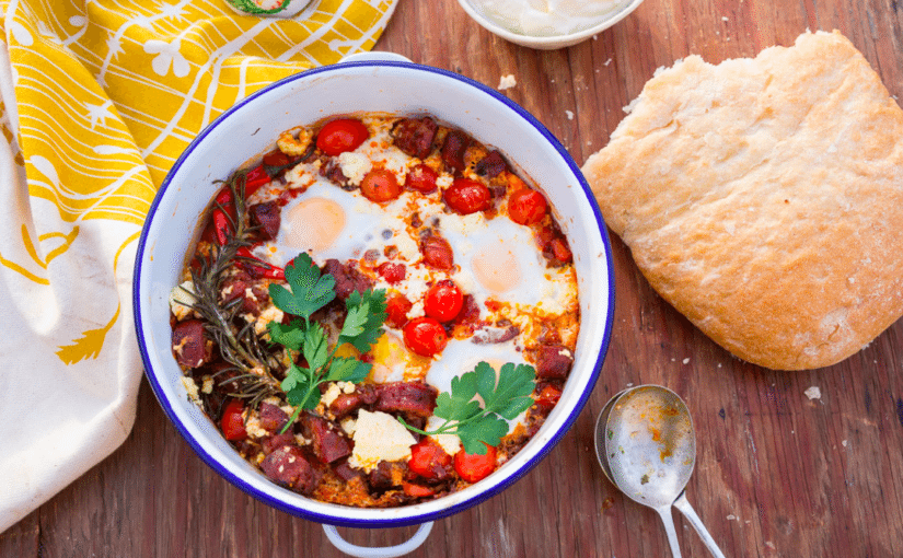 Spicy Baked Breakfast Eggs with Jeremy’s Chorizo