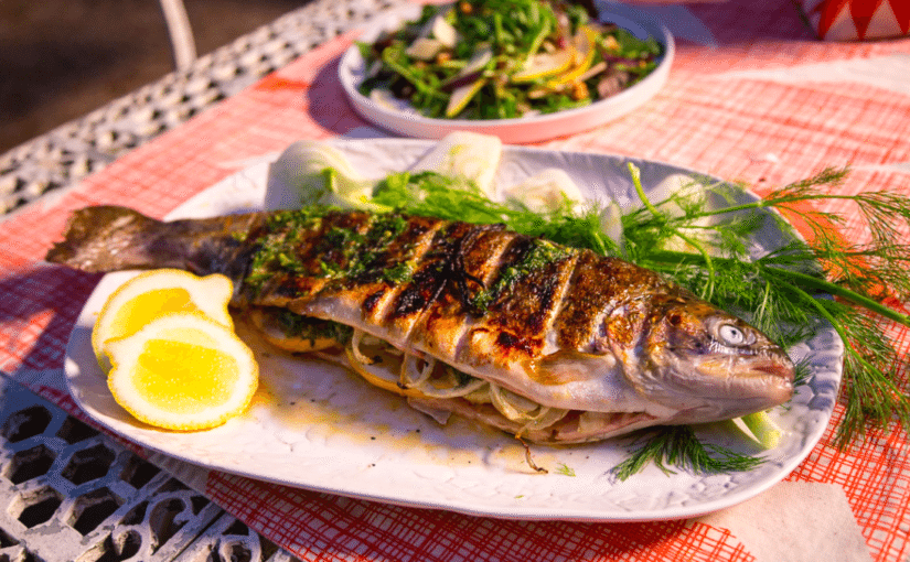 Whole Roasted Rainbow Trout  with Shaved Pear and Parmesan Salad