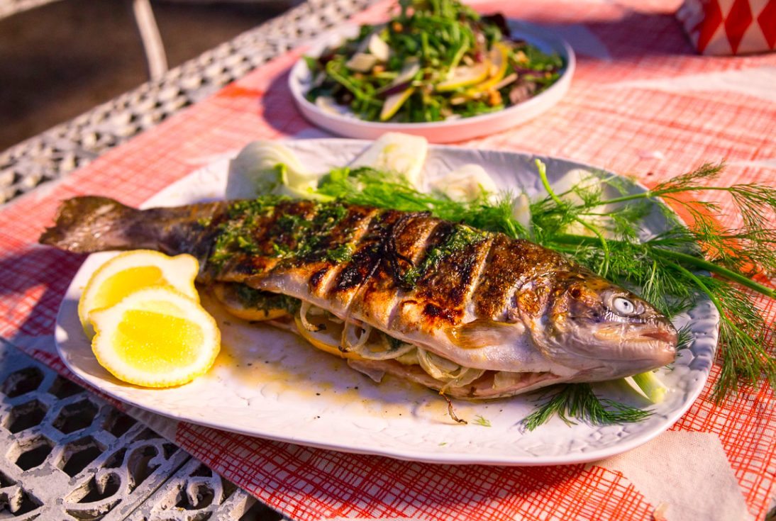 Whole Roasted Rainbow Trout with Shaved Pear and Parmesan Salad